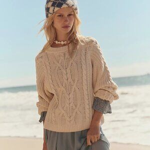 Free People Frankie Cable Knit Sweater in Ivory